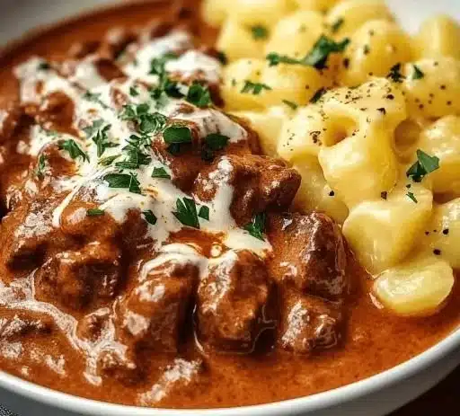 Bowl of creamy German goulash, a delicious and comforting dish