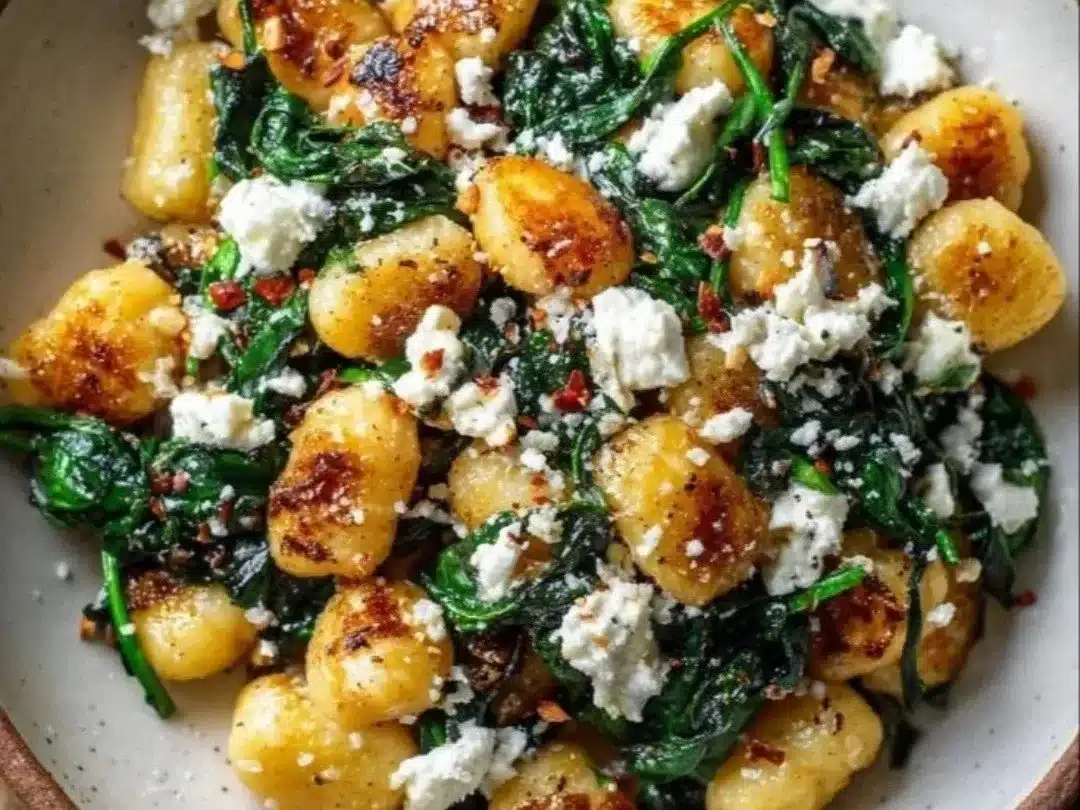 Creamy gnocchi with spinach and feta served in a bowl