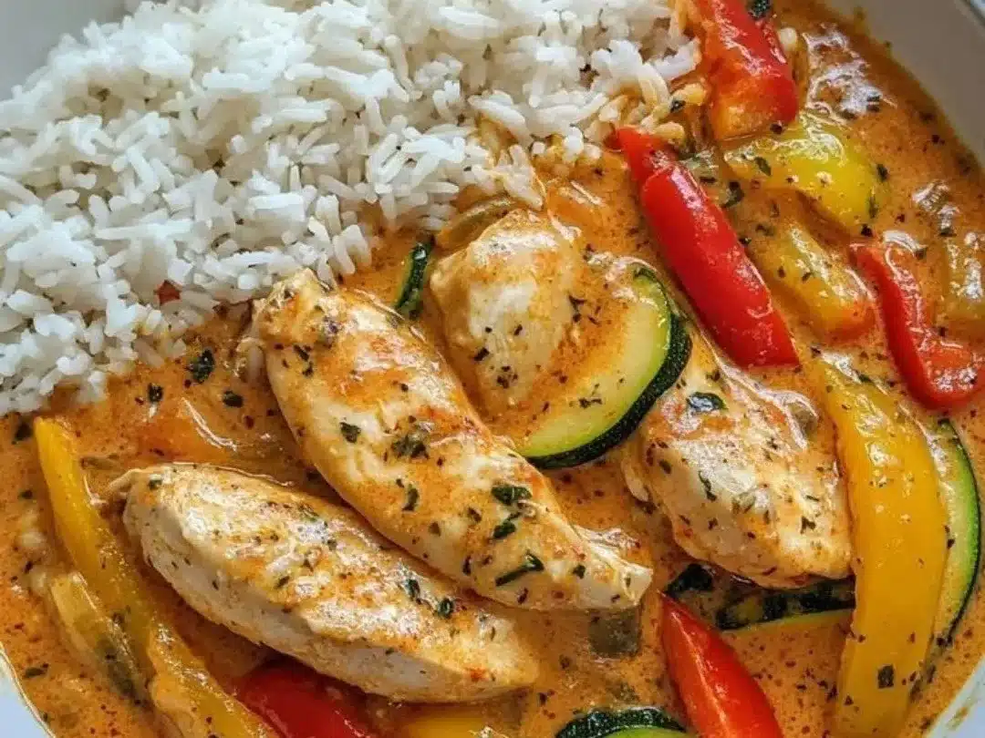 Creamy paprika zucchini chicken served on a plate with fresh vegetables.