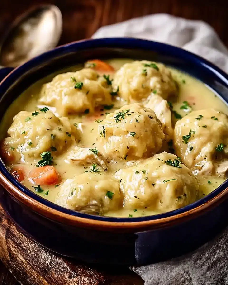 Delicious bowl of Crockpot Chicken and Dumplings served hot