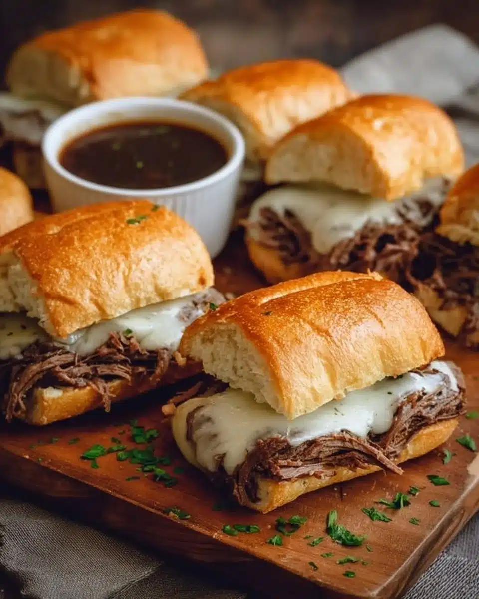 Delicious crockpot French dip sandwiches served with au jus for dipping