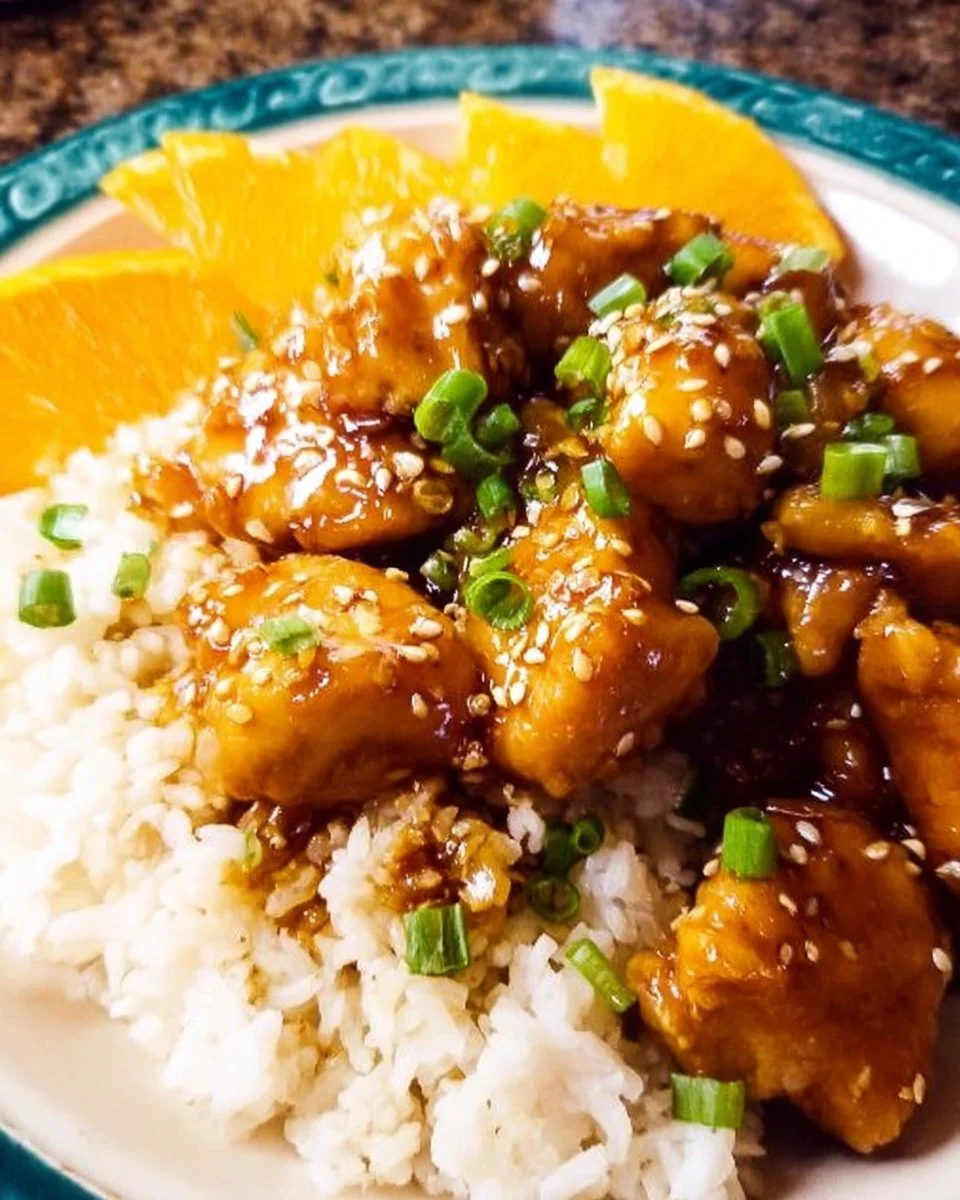 Delicious easy slow cooker orange chicken served with rice and vegetables