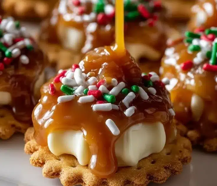 Caramel Ritz Cracker Christmas Cookies decorated for the holiday season