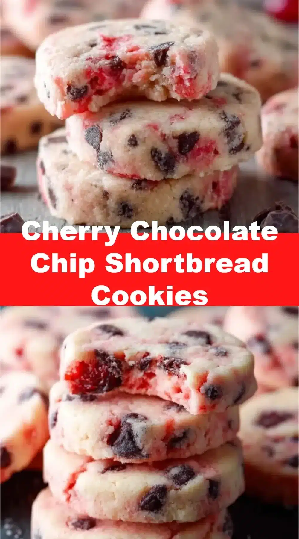 Freshly baked Cherry Chocolate Chip Shortbread Cookies on a plate