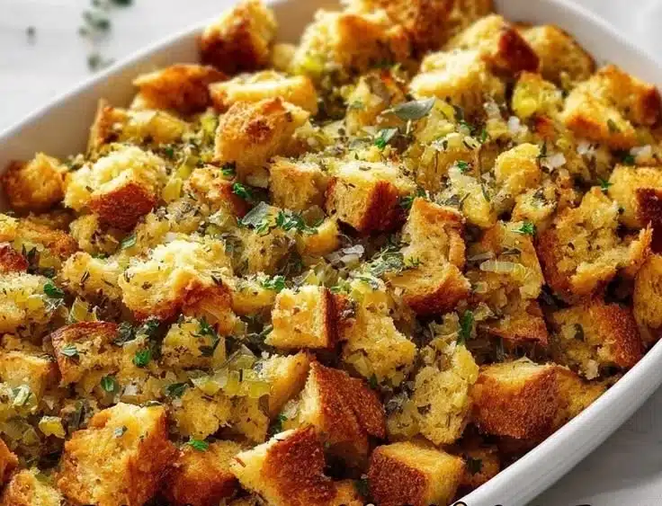 Classic bread stuffing with fresh herbs in a serving dish
