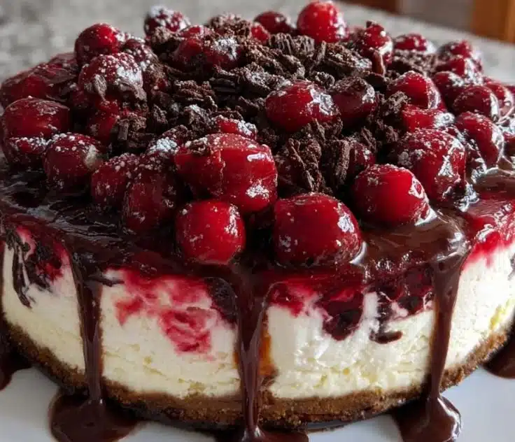 Delicious Cranberry Fudge Swirl Cheesecake topped with a rich fudge swirl