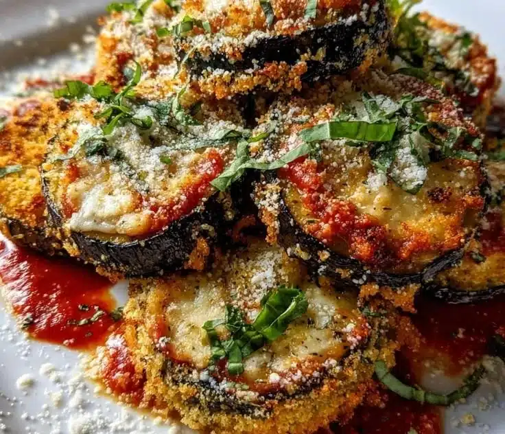Crispy baked eggplant parmesan served on a plate with garnish