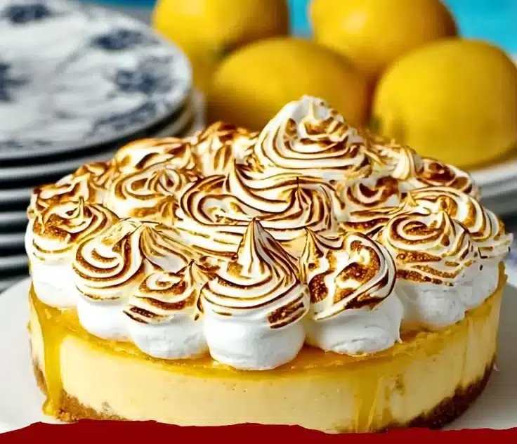 Delicious Lemon Curd Meringue Cheesecake topped with fluffy meringue