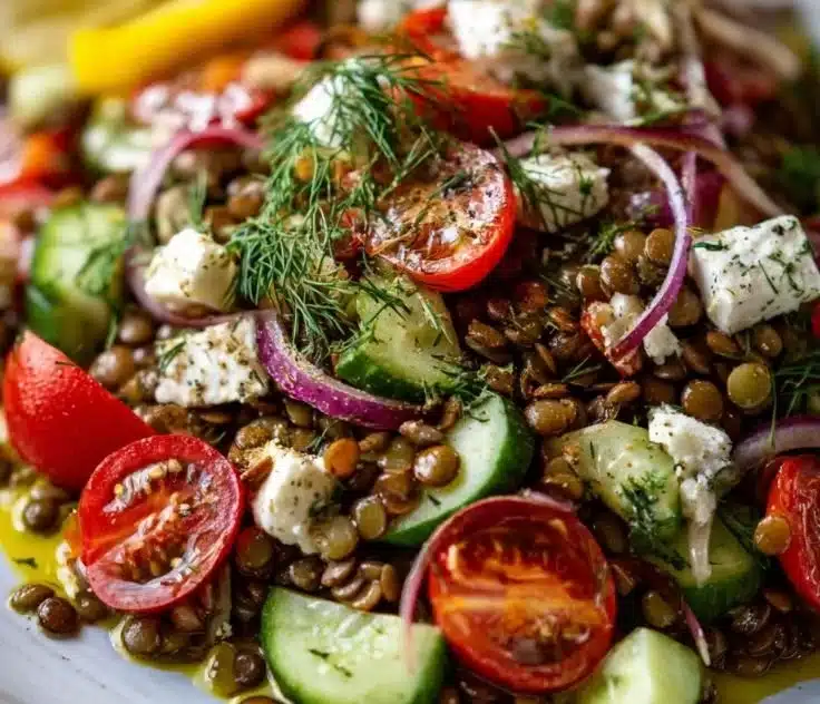 Mediterranean Lentil Salad topped with lemon dill dressing and fresh herbs
