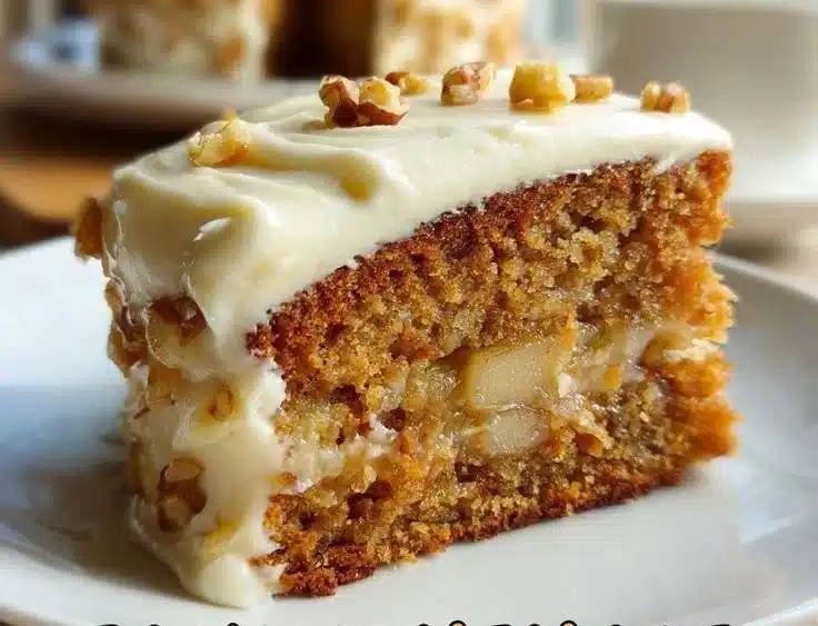 Moist apple cake topped with cream cheese frosting on a white plate