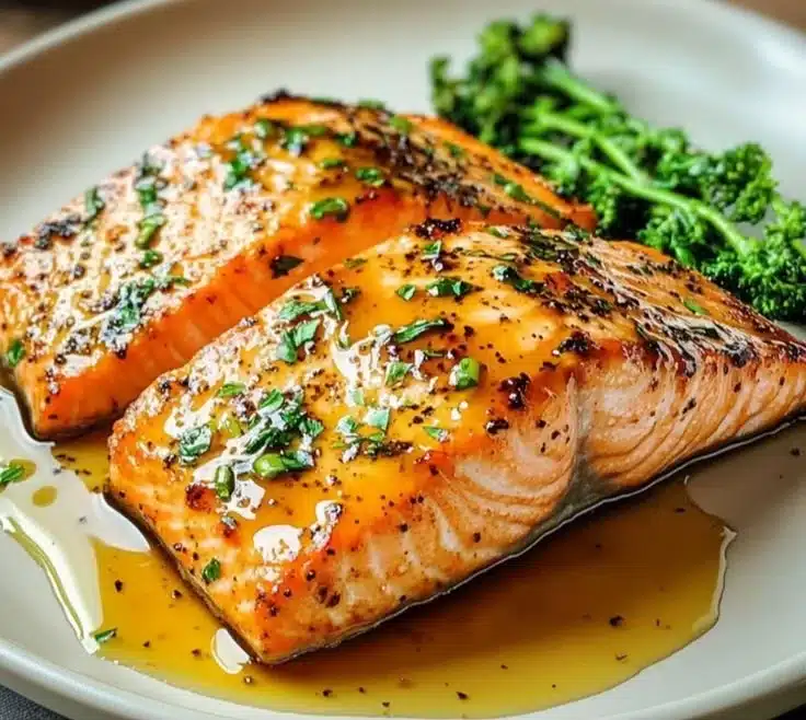 Air Fryer Honey Mustard Salmon served on a plate with lemon slices and herbs