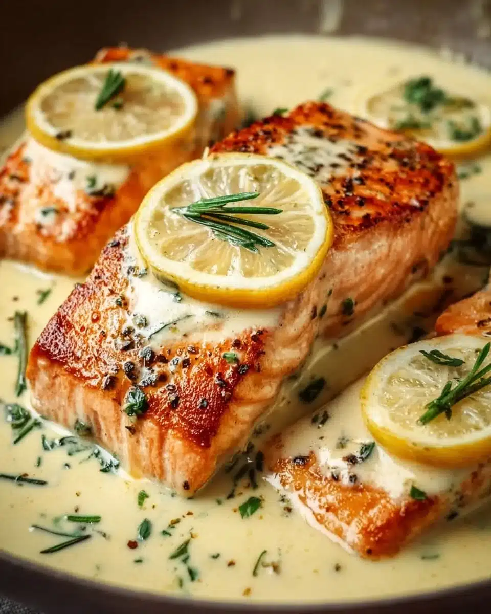 Baked salmon topped with lemon butter cream sauce on a plate