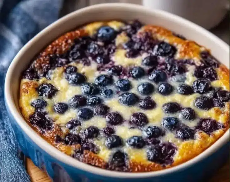 Blueberry Cottage Cheese Breakfast Bake topped with fresh blueberries and oats