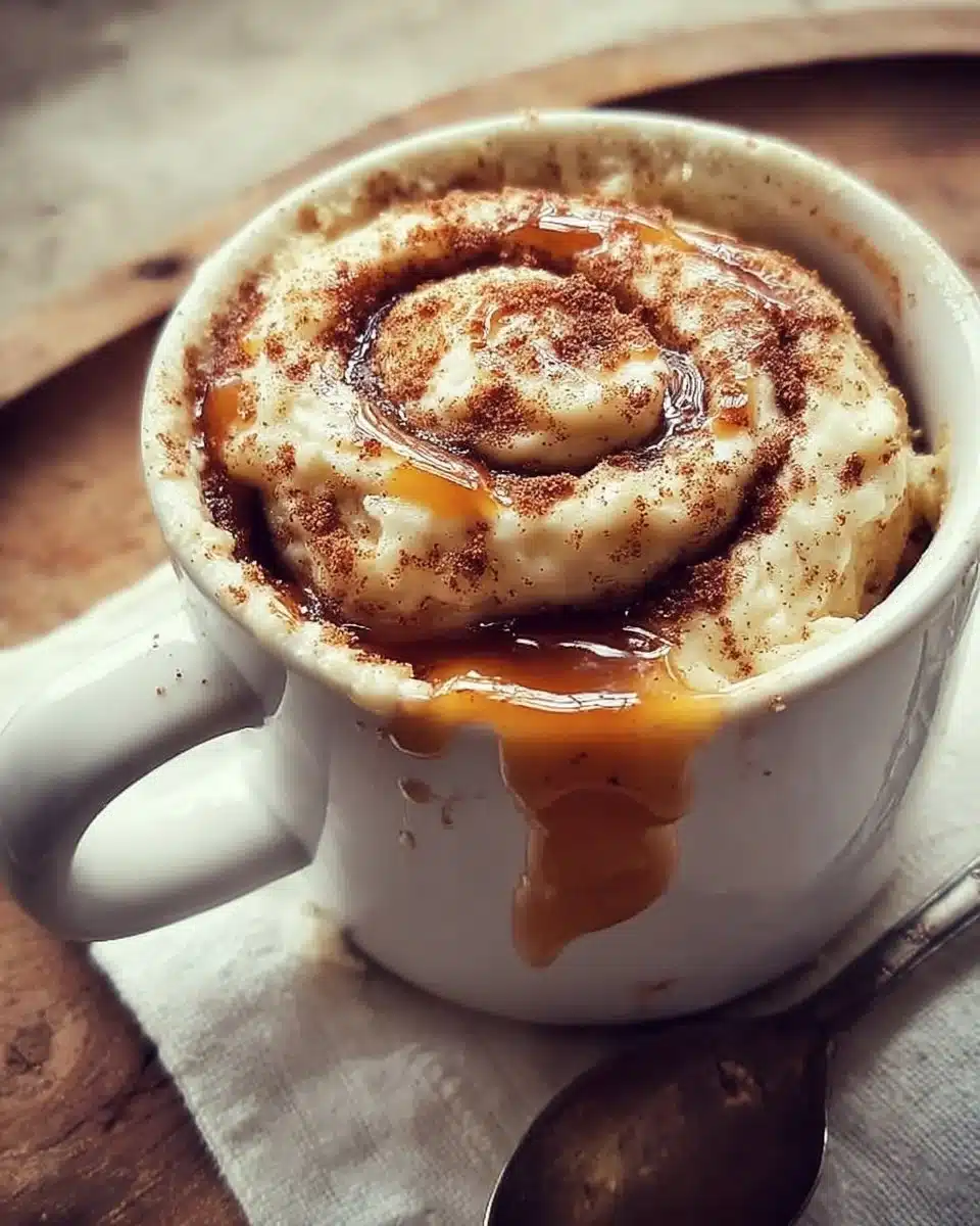 Cottage Cheese Cinnamon Roll Mug Cake served in a mug with a cinnamon swirl topping