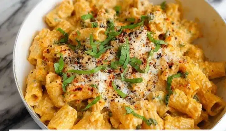 Creamy high-protein cottage cheese pasta dish with vibrant vegetables