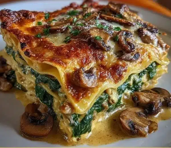 Creamy spinach mushroom lasagna dish with layers of cheese and vegetables