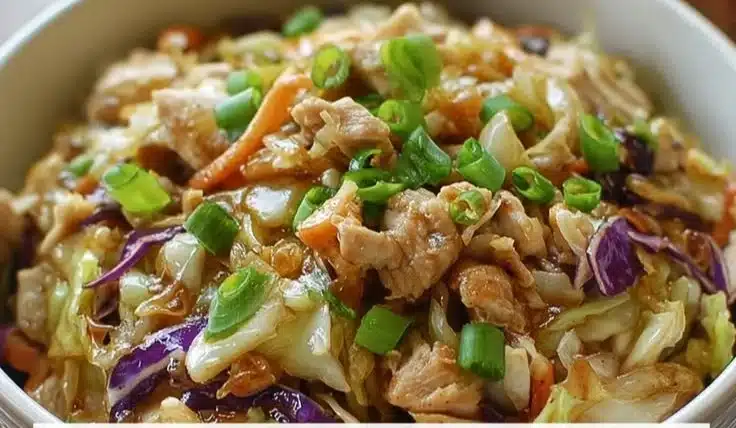 Delicious egg roll bowls with chicken and cabbage served in a bowl