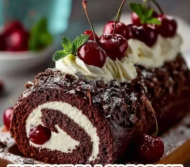 Elegant Black Forest Cake Roll with cherries and cream filling