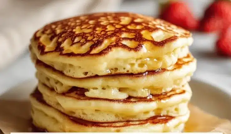 Stack of high-protein fluffy pancakes on a plate with syrup and berries
