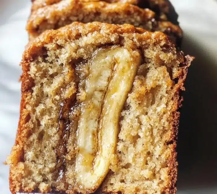 Delicious slice of honey vanilla banana bread on a wooden table