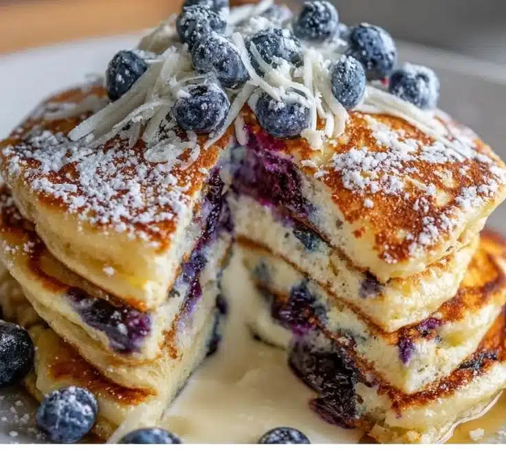Delicious blueberry pancakes topped with fresh blueberries and creamy mozzarella.