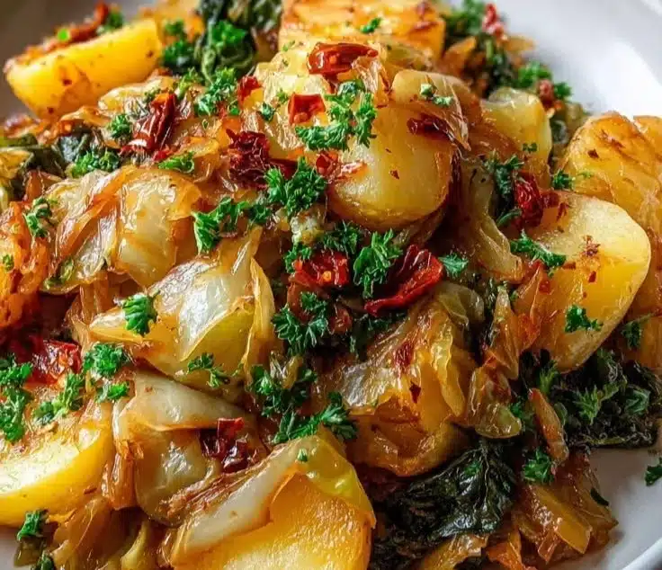 Delicious braised cabbage with potatoes and chili served in a bowl