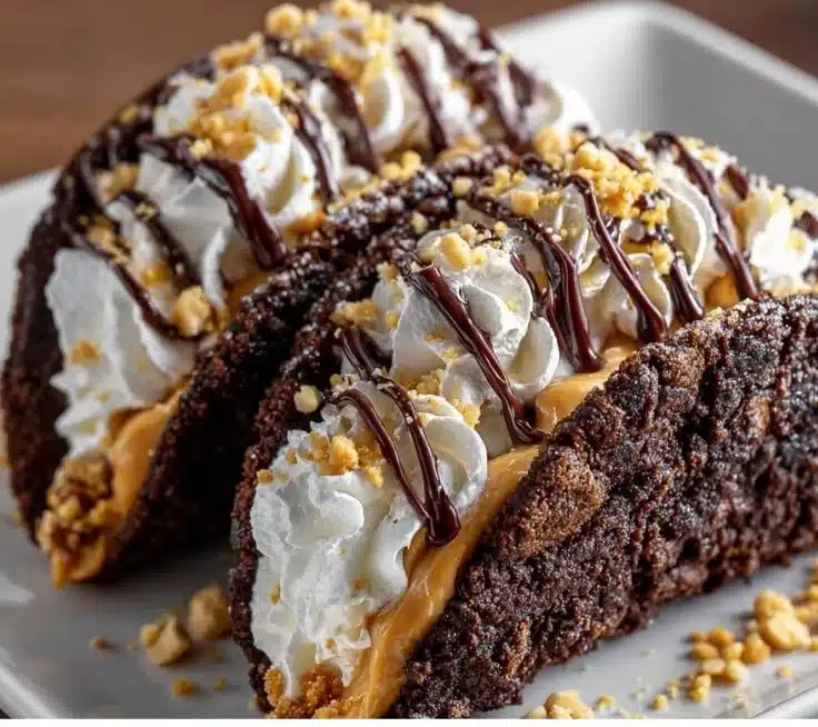 Brownie peanut butter dessert tacos on a plate, topped with chocolate drizzle.