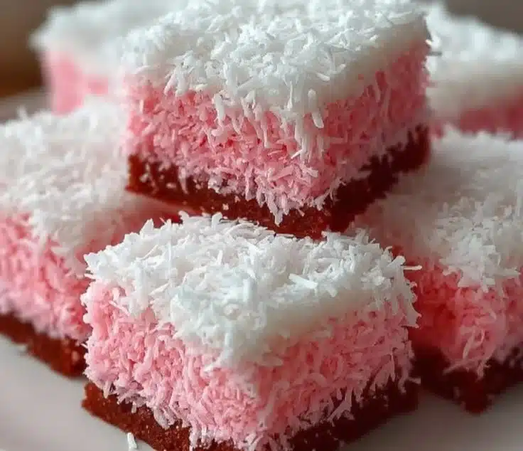 Pink Coconut Snowball Cake Bars topped with shredded coconut and pink cream