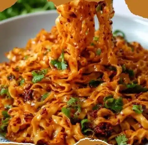 Plate of garlic chili oil noodles seasoned with fresh herbs and spices