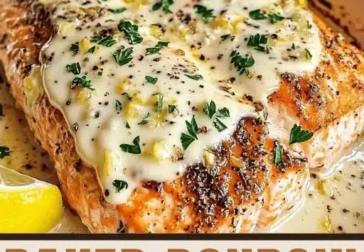 Baked Boursin Salmon dish garnished with herbs on a white plate