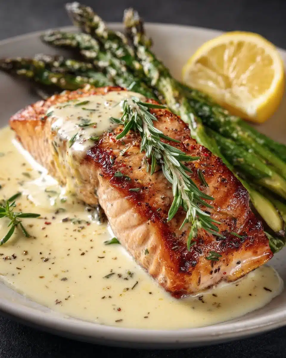 Baked salmon with lemon butter cream sauce garnished with herbs