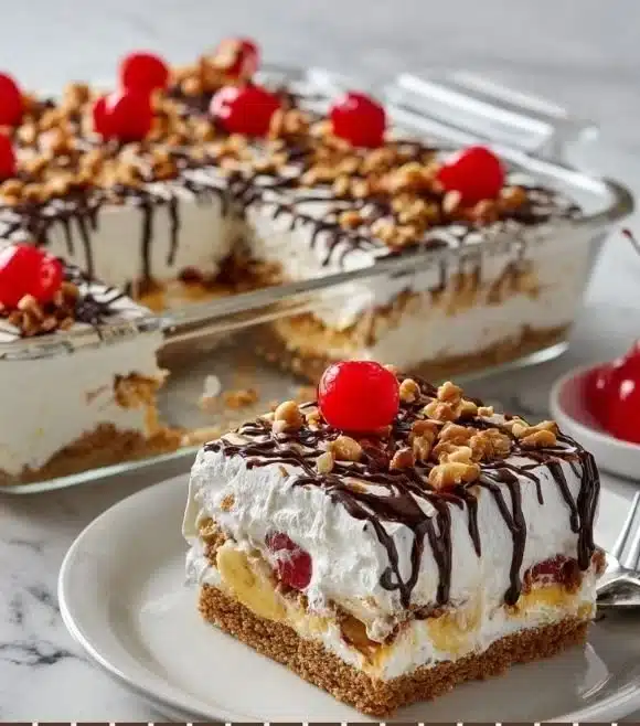Delicious banana split dessert with ice cream, bananas, and toppings.
