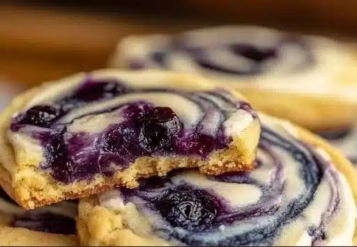 Delicious Blueberry Cheesecake Cookies with a swirl of blueberry and cream cheese.