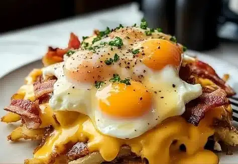 Delicious breakfast poutine topped with creamy hollandaise sauce and crispy toppings.