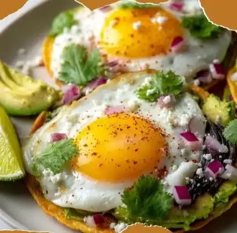 Delicious breakfast tostadas topped with eggs and avocado served on a plate