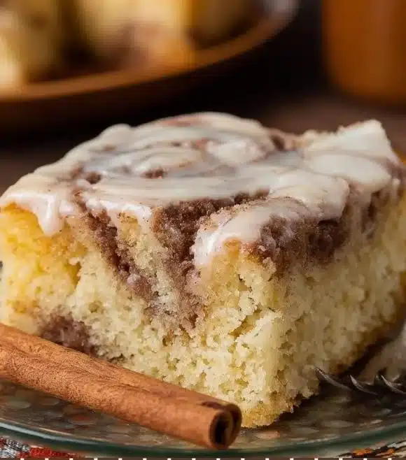 Delicious Cinnamon Roll Cake with icing and cinnamon swirls