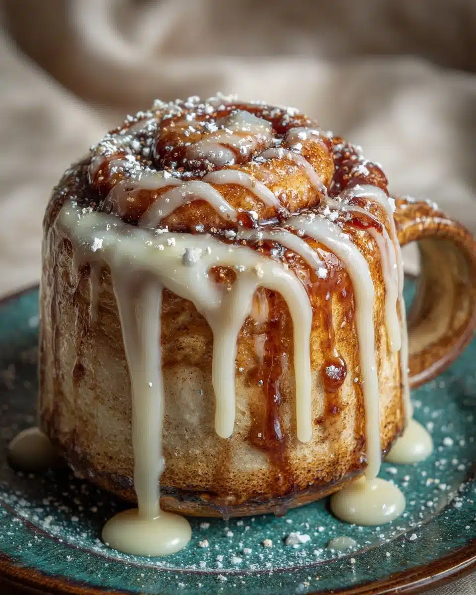 Cottage Cheese Cinnamon Roll Mug Cake topped with icing in a white mug
