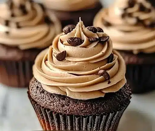 Decadent espresso cupcakes with silky espresso frosting on a plate