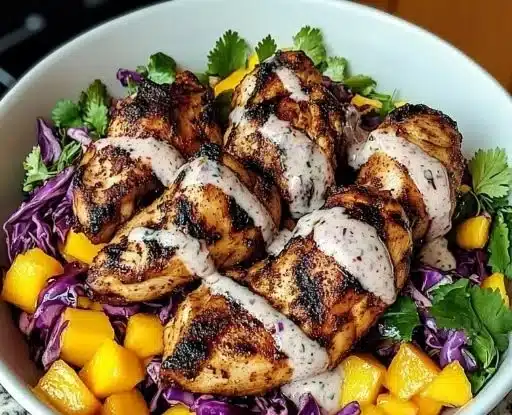 Delicious jerk chicken bowl with mango slaw and honey lime cream on top.
