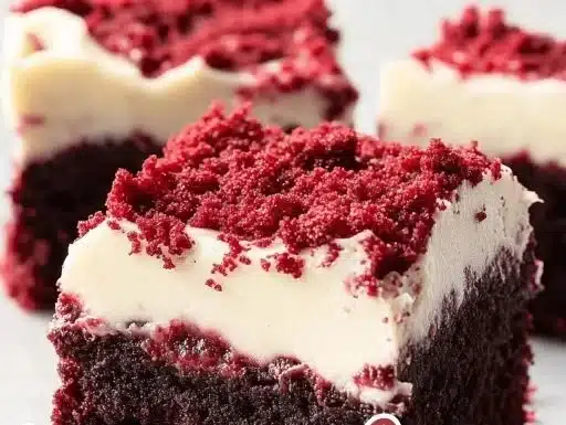 Fudgy red velvet brownies with creamy frosting on a plate