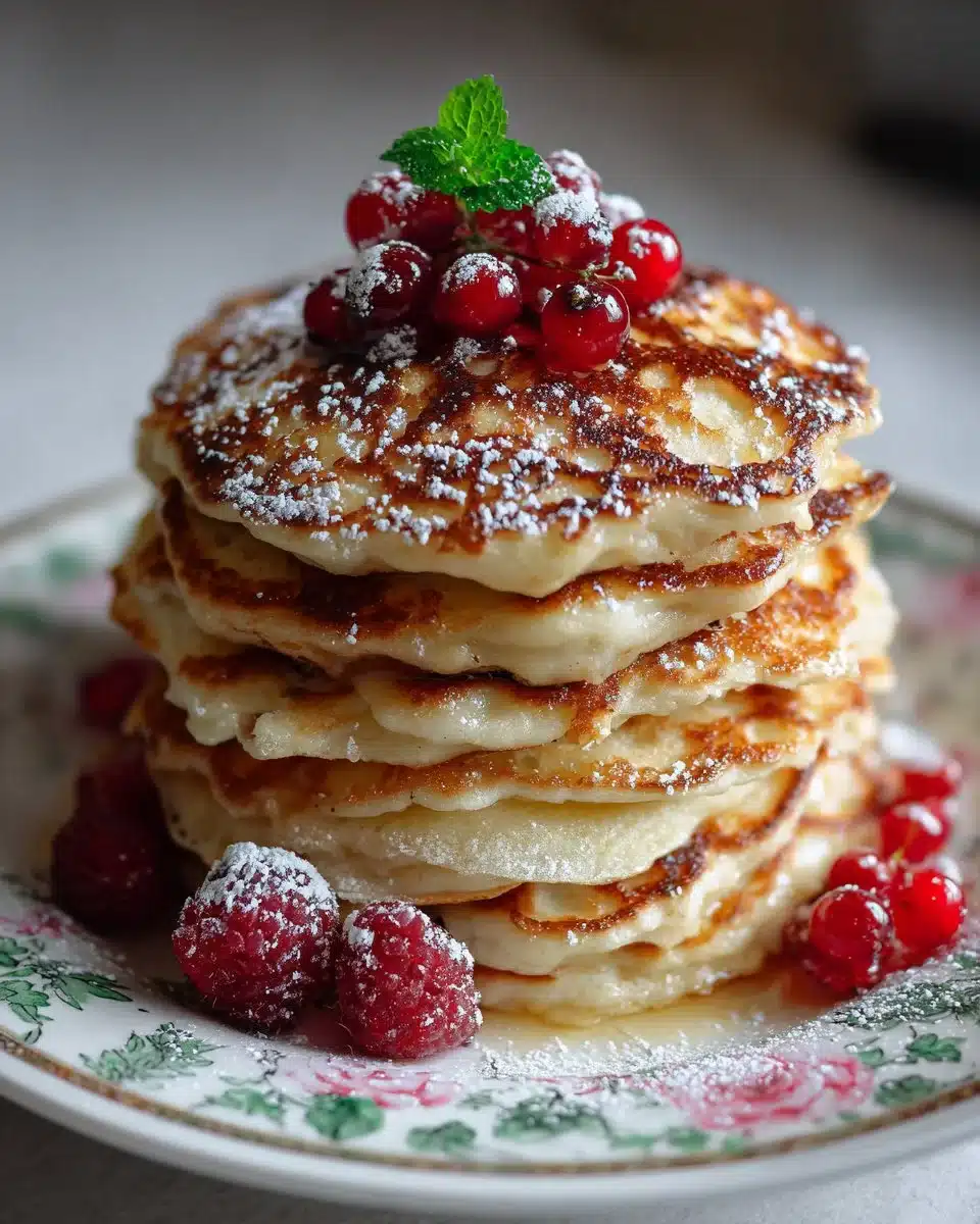 Delicious high-protein fluffy pancakes stacked with syrup and fruit.