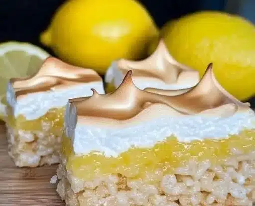 Lemon Meringue Rice Krispie Treats topped with meringue on a colorful plate