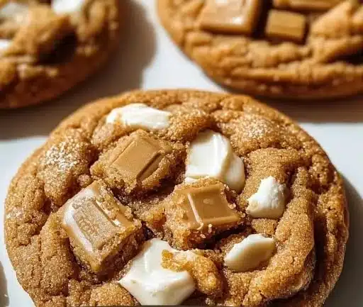 Soft Biscoff cookie butter white chocolate chip cookies on a plate