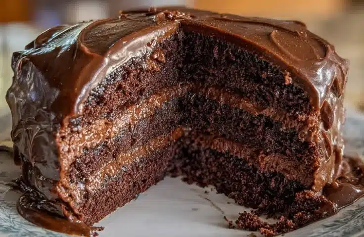 Decadent homemade chocolate cake topped with rich chocolate frosting.