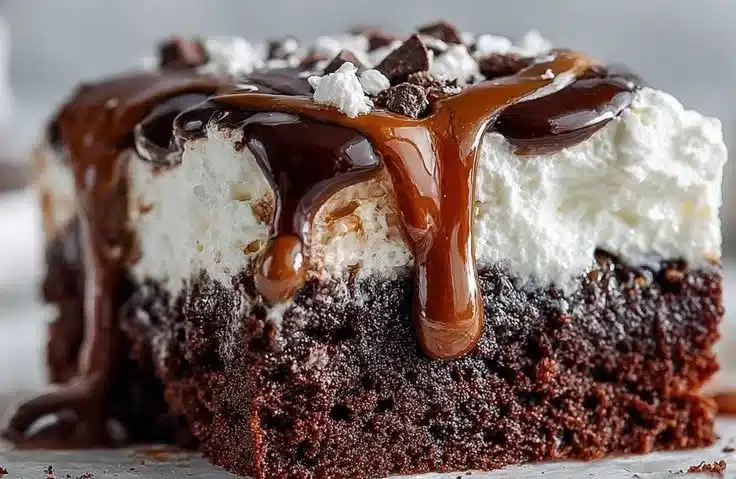 Delicious chocolate poke cake with chocolate filling and creamy frosting