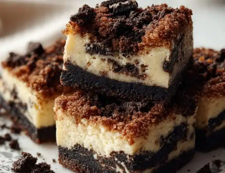 Delicious Cookies and Cream Cheesecake Bars with crushed cookies on top