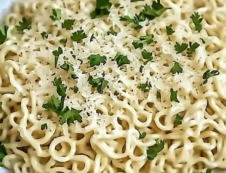 Creamy Garlic Parmesan Ramen dish ready in 15 minutes with toppings