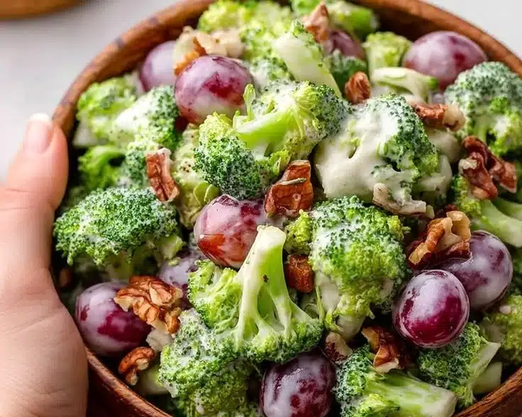 Easy broccoli salad with grapes in a bowl garnished with nuts and dressing.
