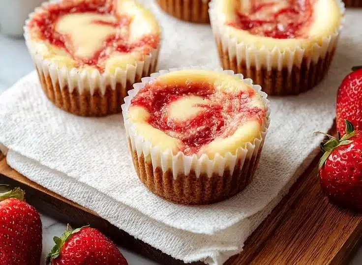 Easy strawberry rhubarb mini cheesecake topped with fresh strawberries and rhubarb.