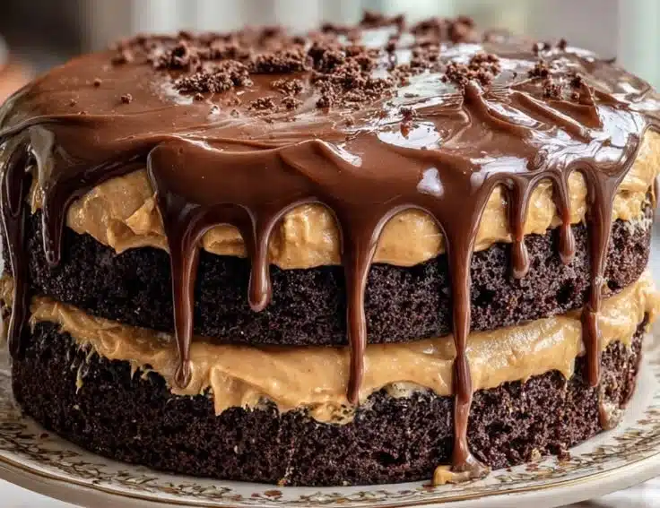 Moist chocolate peanut butter layer cake topped with creamy frosting
